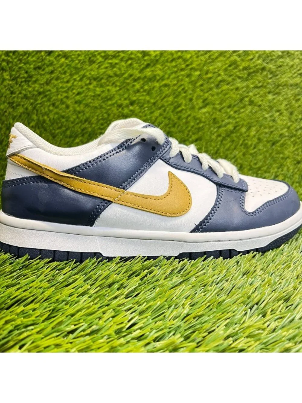 Nike Dunk Low GS Boys Size 5Y Blue White Gold Athletic Leather Shoes Sneakers
